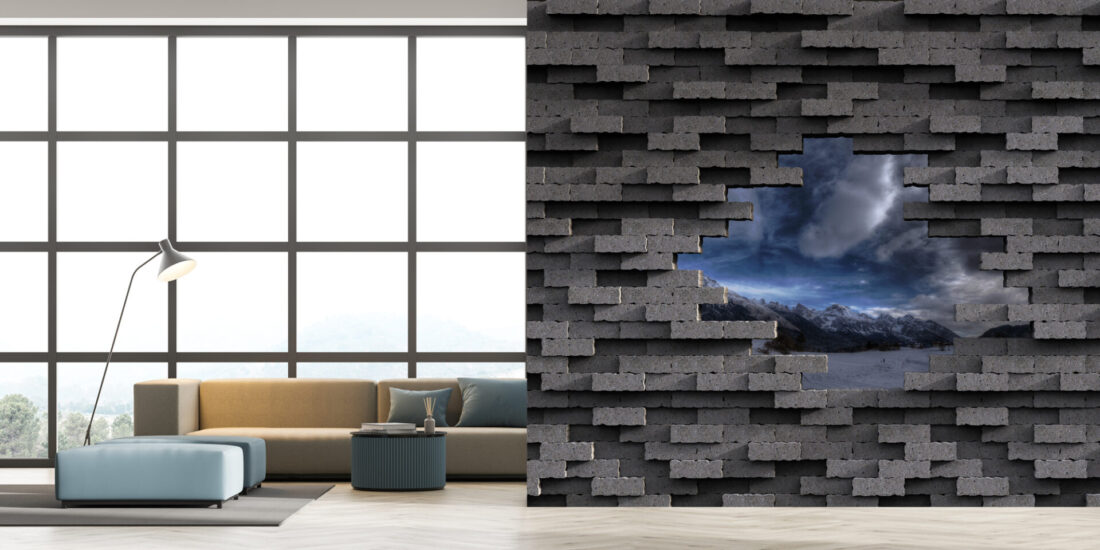 BrickHole, la carta da parati firmata Andrea Scarpellini per Muraia: un muro di mattoni realistico con un effetto 3D che svela un paesaggio spettacolare. Scopri l’arte di decorare.