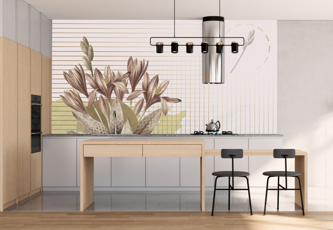 Panel Amaryllis in Cucina - Fiore Elegante con Dettagli Dorati su Sfondo Neutro