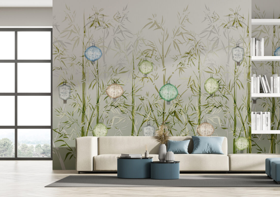 Render "Bamboo Rhapsody" - Carta da parati per salotto elegante con libreria