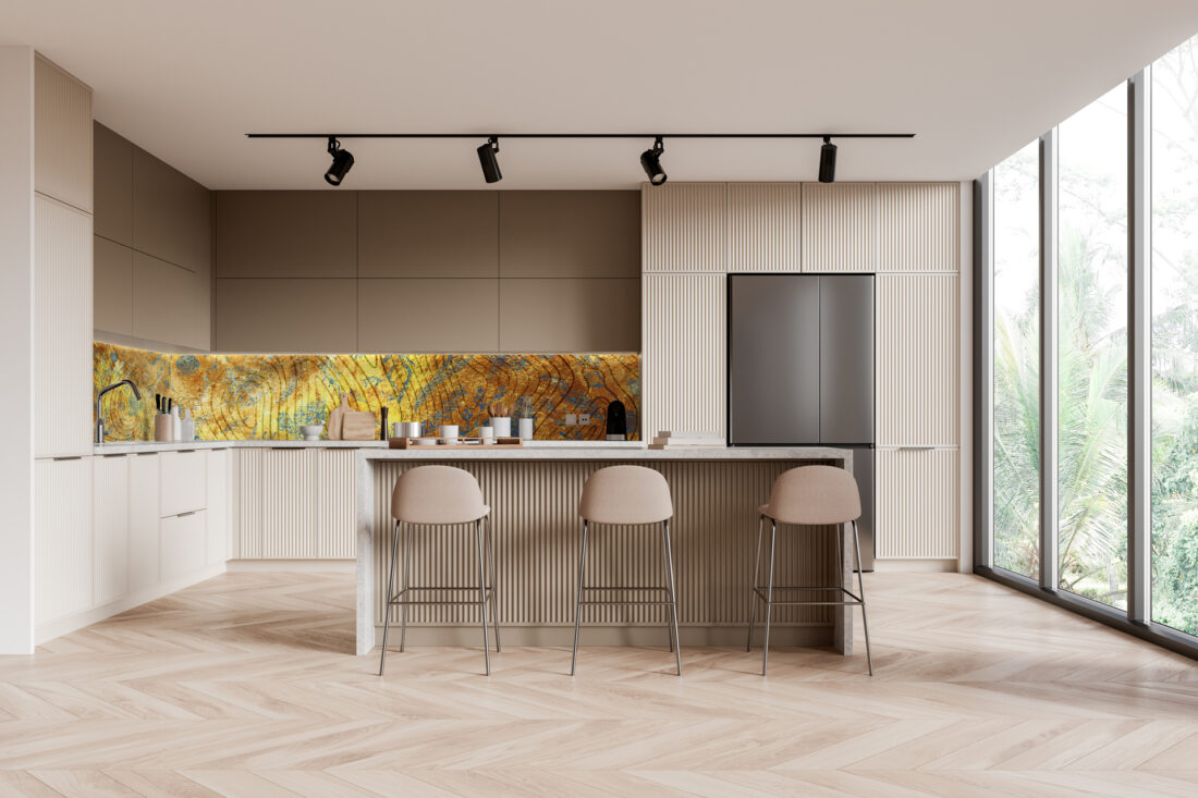 Panel BlueFloreal MB255PH in Cucina – Lusso e Design Floreale su Sfondo Dorato