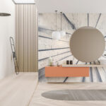 Render "Broken Glass" Blu - Carta da parati vetro spaccato e legno materico