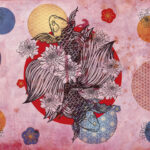 MB263PH_Purple - Tavola "KOI" - Carta da parati giapponese con carpe koi e simboli astratti