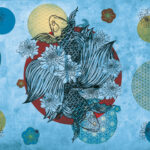 MB263PH_Blue - Tavola "KOI" - Carta da parati giapponese con carpe koi e simboli astratti