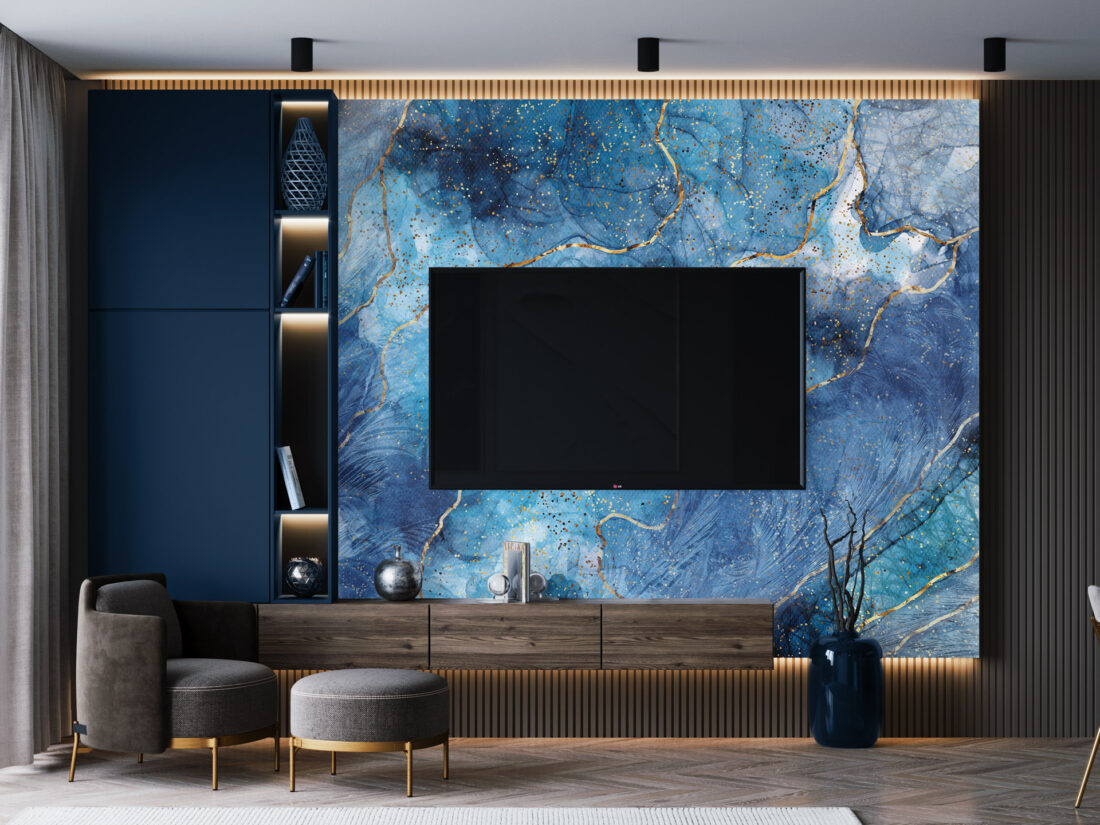 Render "Mar Bleu" - Carta da parati marmo blu per soggiorni eleganti