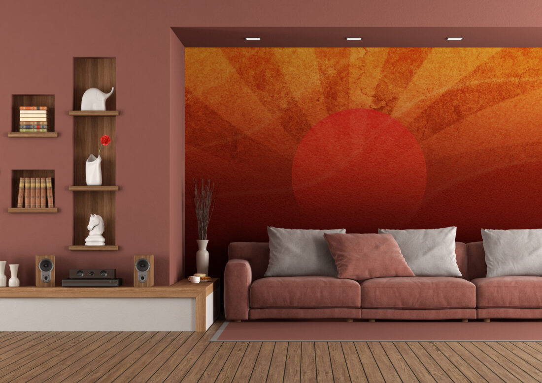 Render "Tramonto Rosso" - Carta da parati elegante per soggiorni moderni