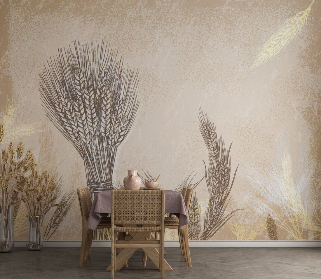 Render "Wheat" - Carta da parati con spighe di grano per una sala da pranzo accogliente