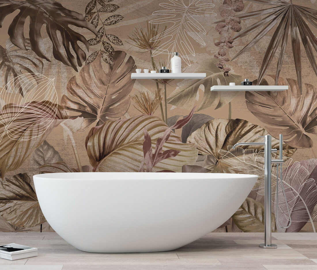Render "Copper Garden" - Carta da parati tropicale di lusso in tonalità bronzo