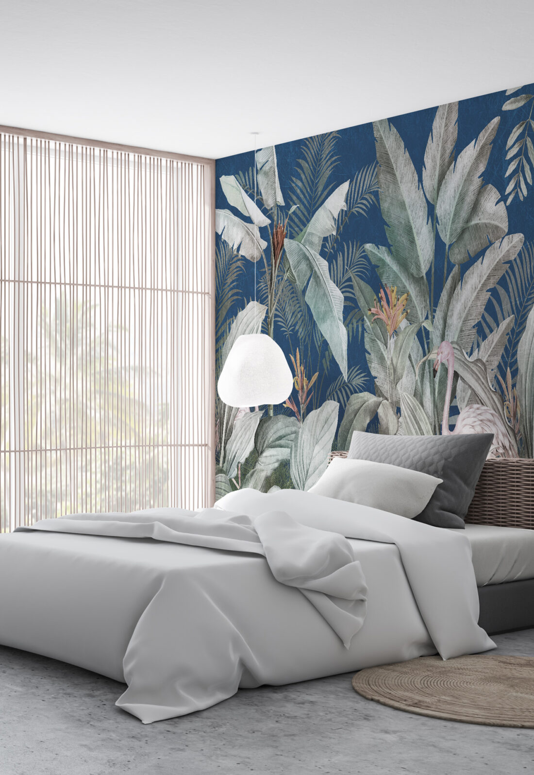Render "Indigo Garden" - Carta da parati tropicale di lusso con fenicotteri e blu elettrico