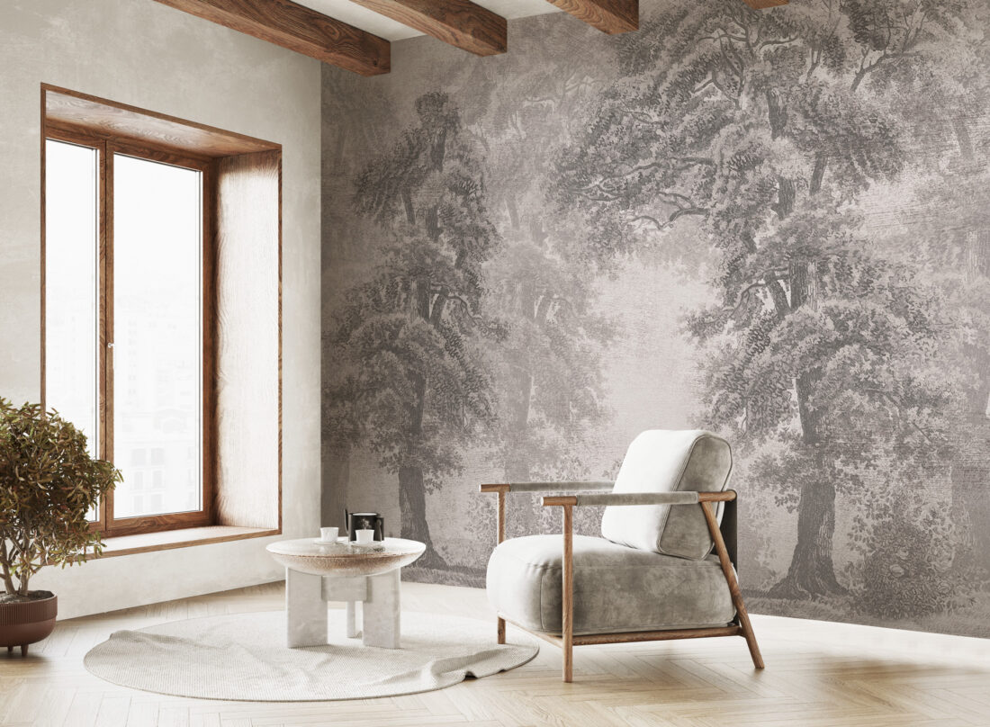 Render "Mayfair" - Carta da parati con effetto illustrazione vintage di Muraia Studio