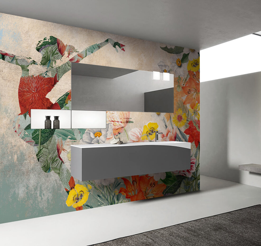 Render "Mother Nature" - Carta da parati artistica in un bagno moderno