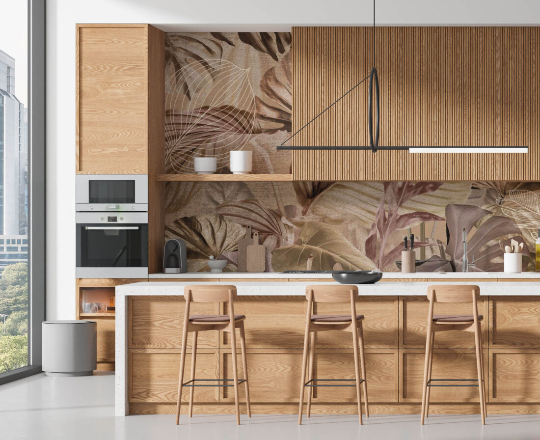 Panel Copper Garden in Cucina Moderna - Foglie Tropicali in Bronzo
