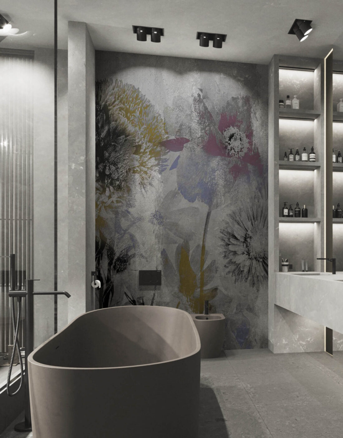 Panel Linea Prime Silkscreen (MA281PH) – Fiori e sfondo cemento in bagno moderno