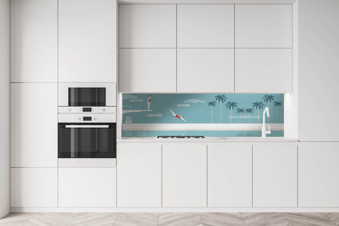 Panel Summer MA252PH in Cucina – Tuffatrici su Fondo Azzurro con Effetto Marmo