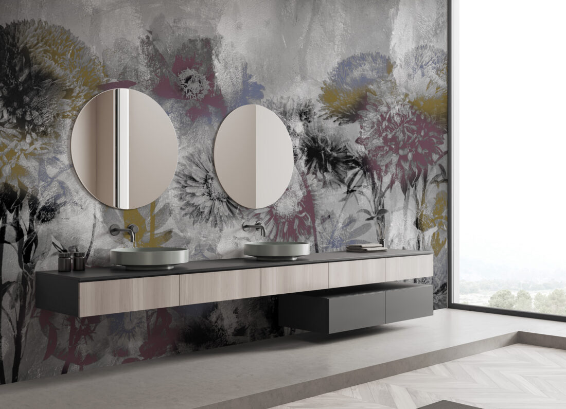Render "Silk Screen" - Carta da parati per bagno grunge e minimalista