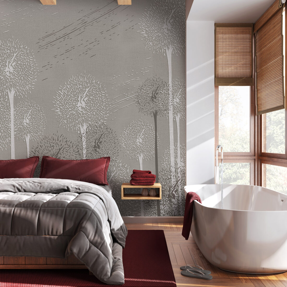Render "Tickle" - Carta da parati per camera da letto con vasca moderna