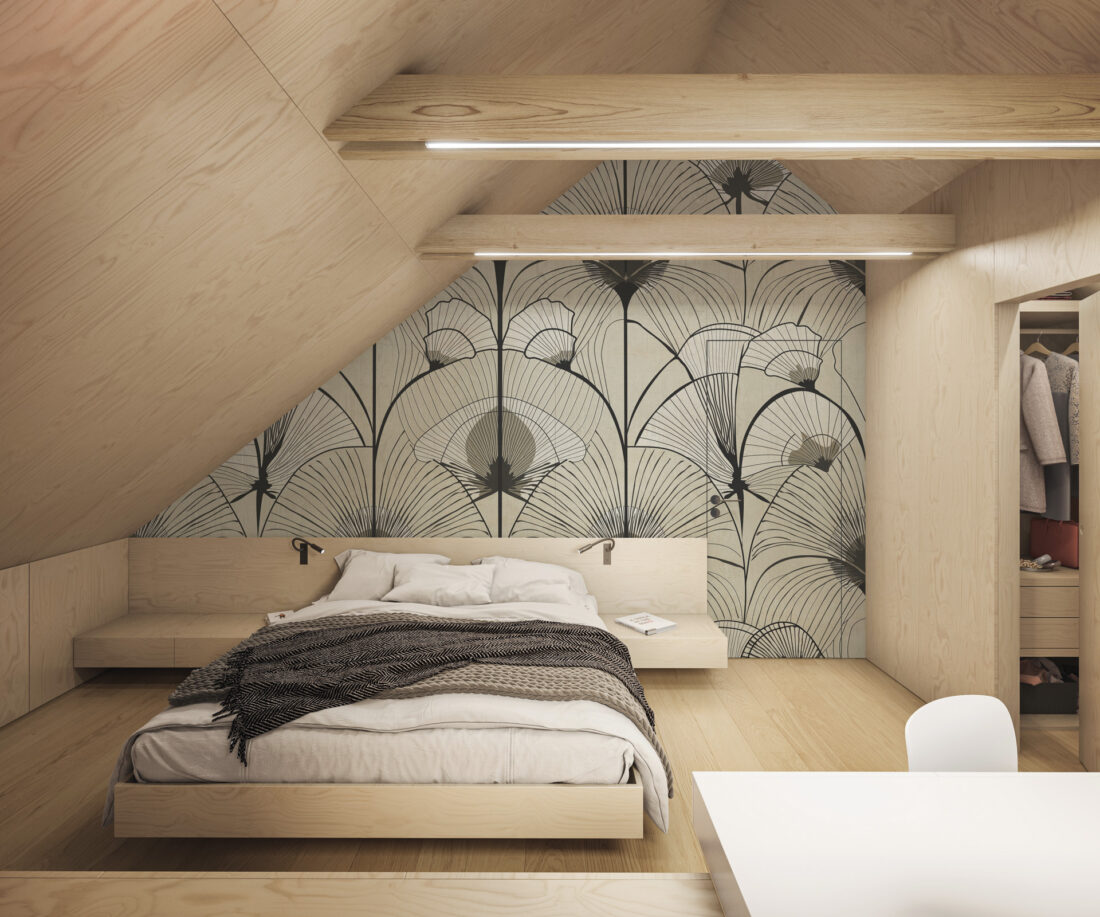 Render "Ventagli di Ginko" - Carta da parati minimal per camere moderne